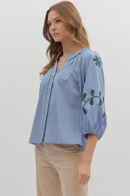 Solid Top Featuring Embroidered ¾ Sleeves