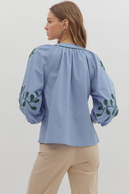 Solid Top Featuring Embroidered ¾ Sleeves