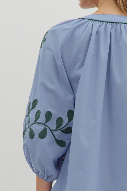 Solid Top Featuring Embroidered ¾ Sleeves