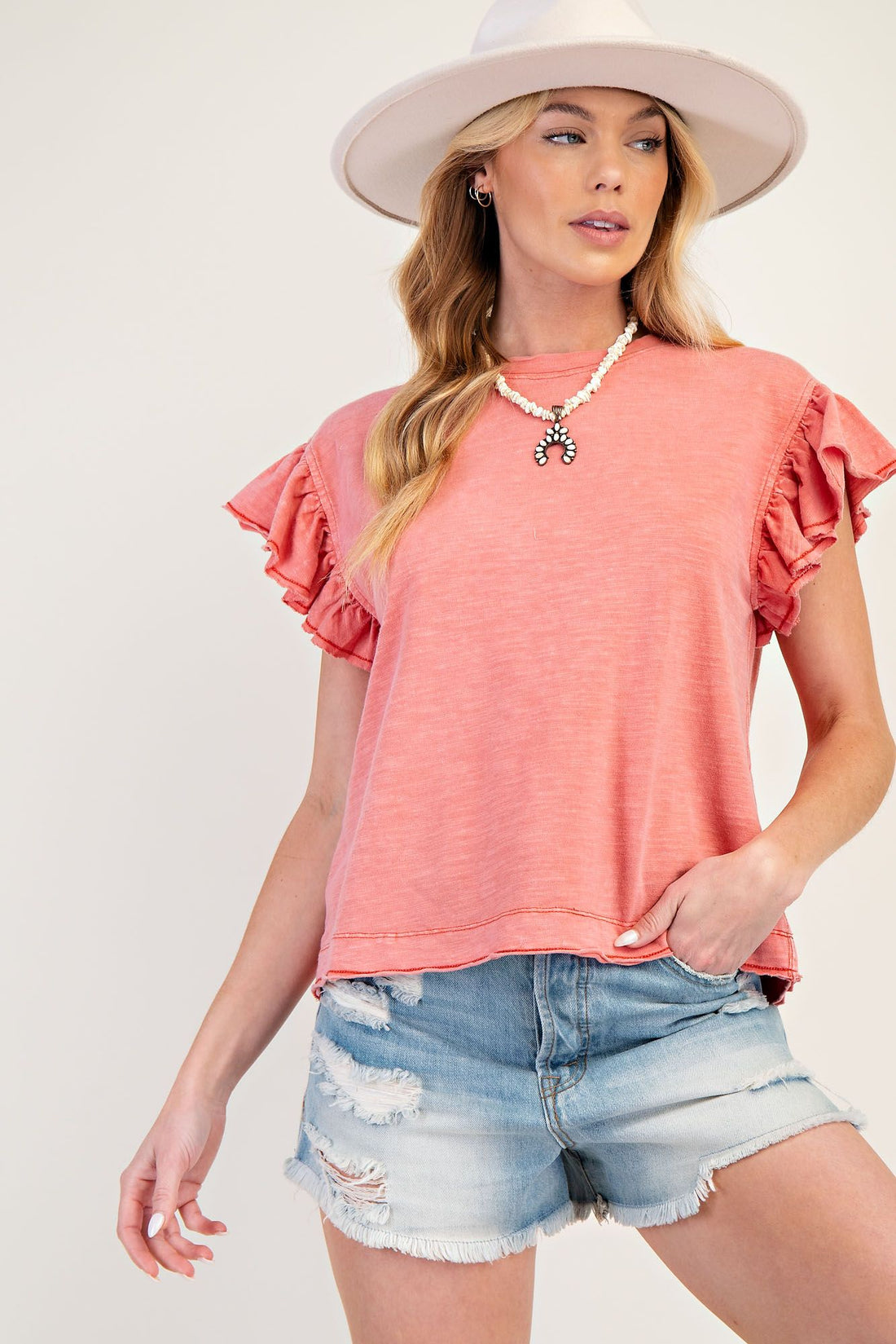 Wing Sleeves Cotton Slub Mineral Washed Knit Top