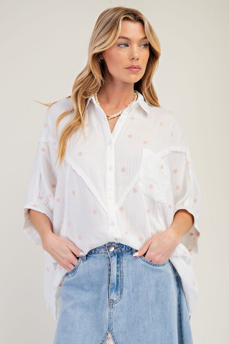 Dolman Sleeves Embroidered Cotton Gauze Shirt