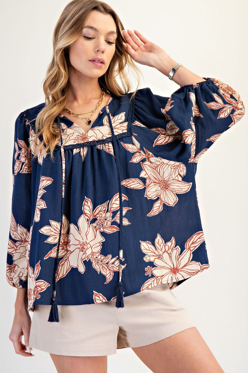 Printed Keyhole Front Woven Top