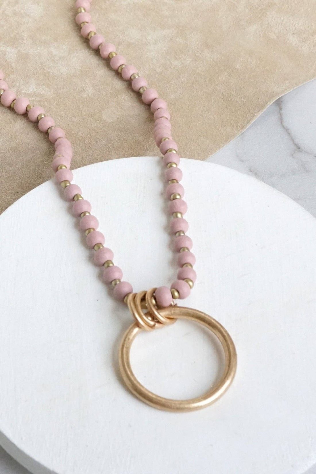 Long Wooden Bead Necklace with gold circle ring - Pink