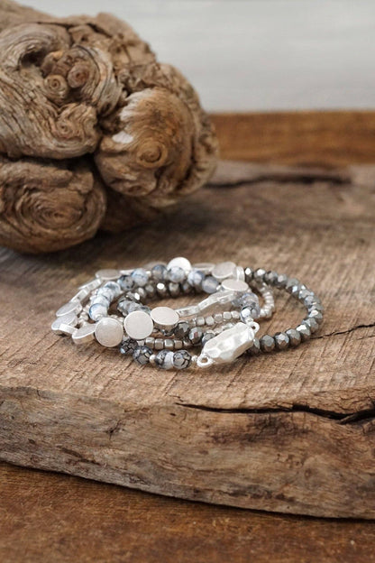 5 piece Boho Beaded Bracelet Stack Semi Precious Silver Tone