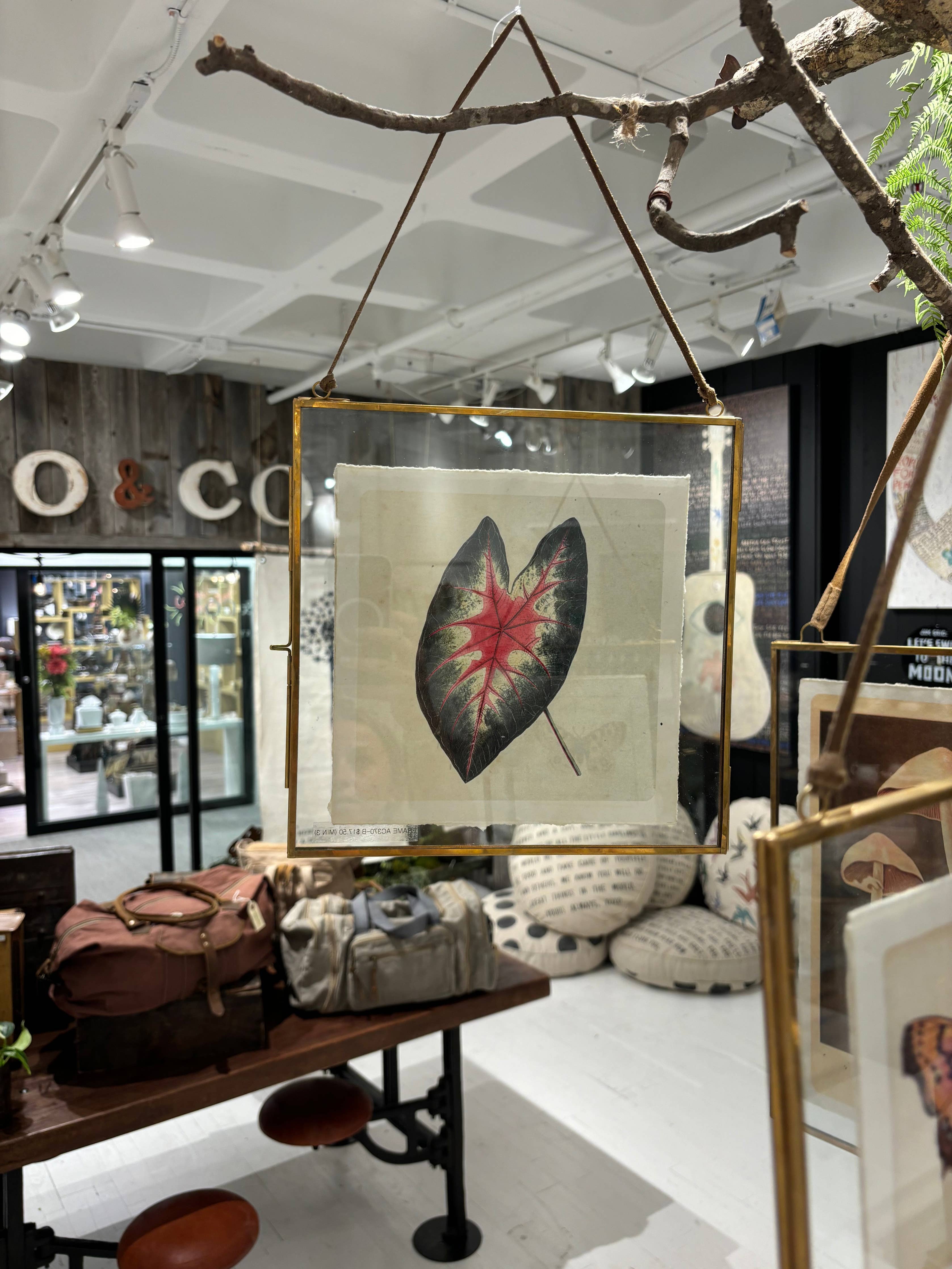 Glass and Brass Metal Wall Hanging Picture Frame with Brown Suede