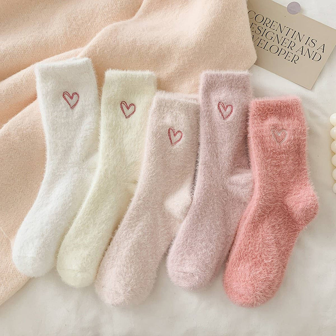 Cozy Heart-Embroidered Fuzzy Socks