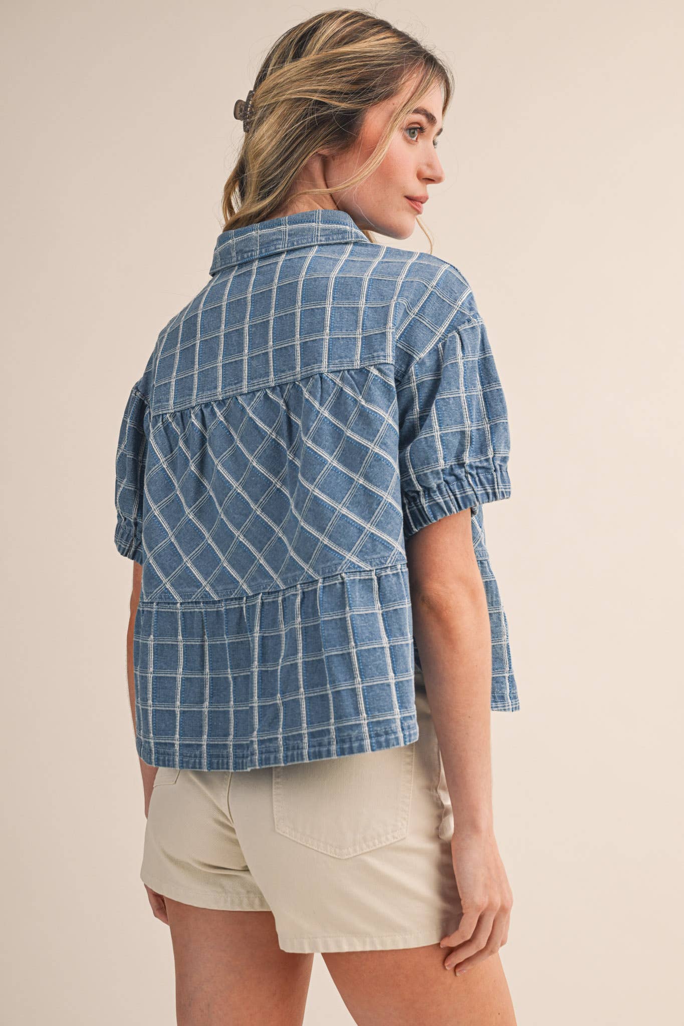 Checkered Denim Button Down Top