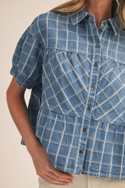 Checkered Denim Button Down Top