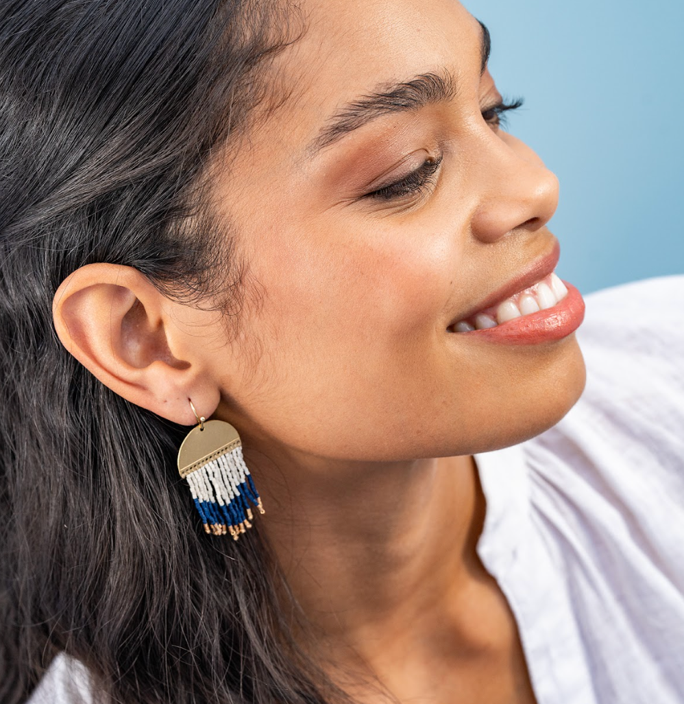 Claudia Curved Pattern Short Beaded Fringe Earrings
