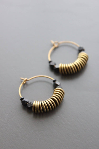 Brass Discs and Hematite Hoop Earrings