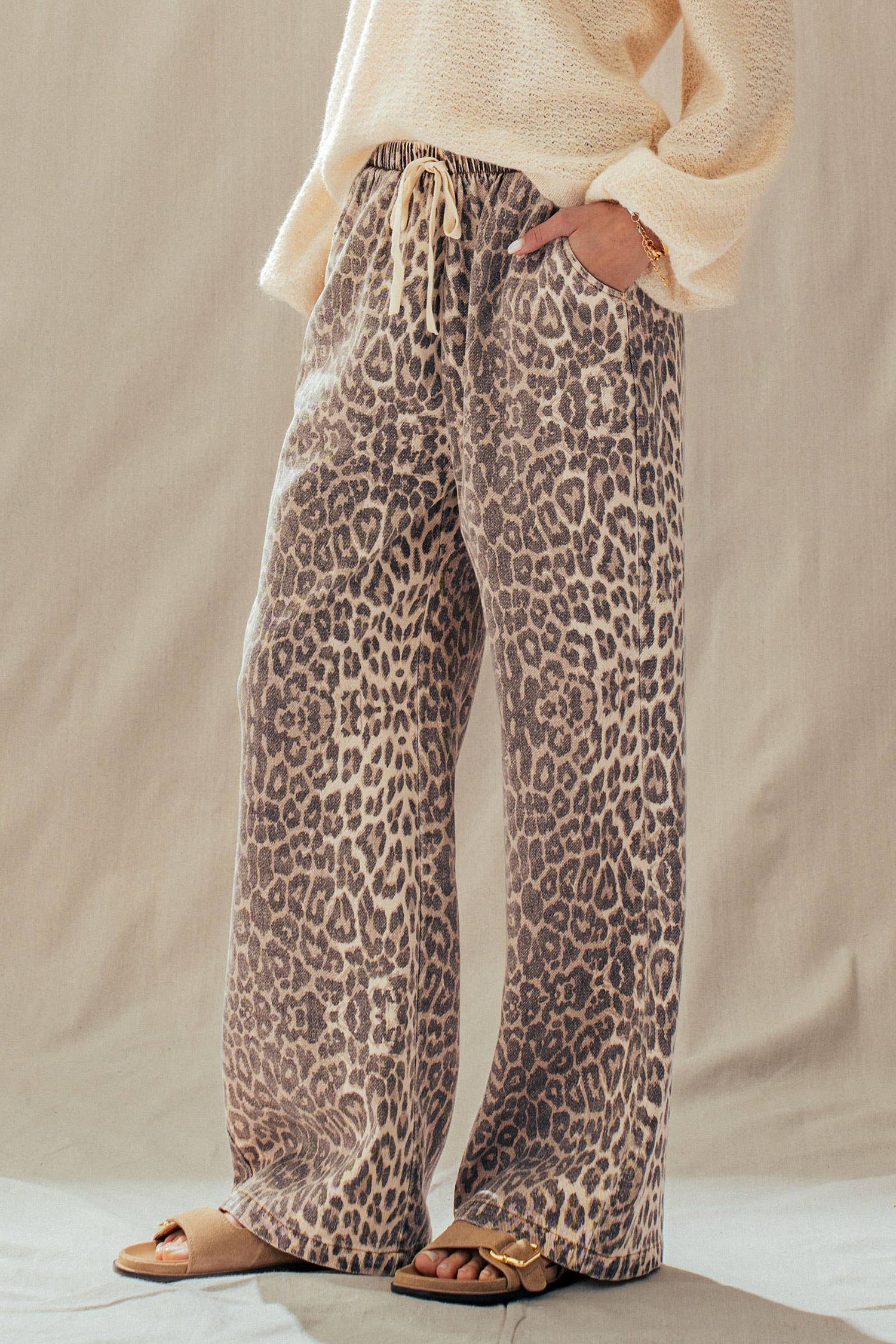Leopard Print Wide Leg Cotton Pants