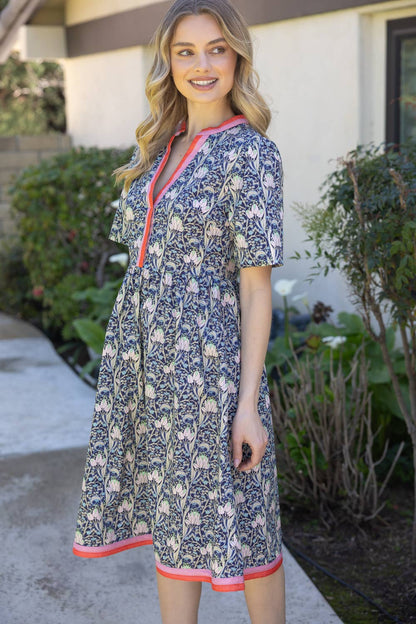 Contrast Stripe Detailed Floral Print Midi Dress
