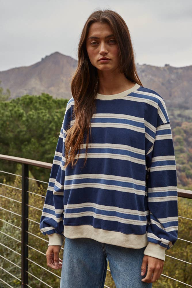 Knit Cotton Striped Crew Neck Long Sleeve Top