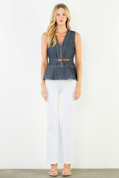 Belted Denim Peplum Top