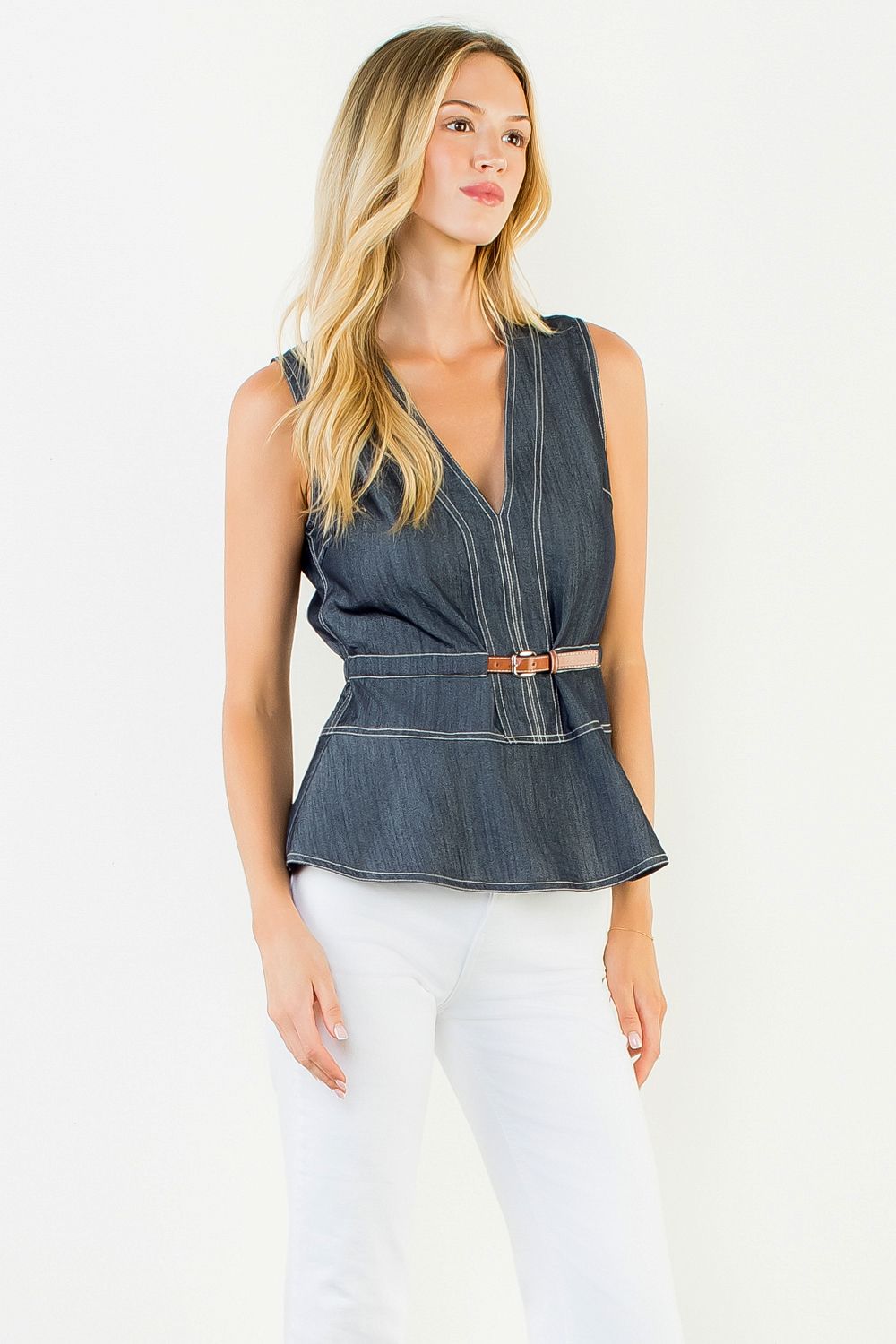 Belted Denim Peplum Top