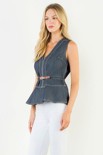 Belted Denim Peplum Top