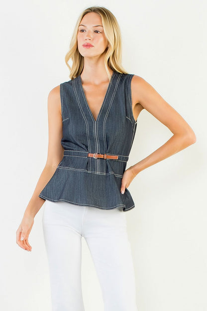 Belted Denim Peplum Top