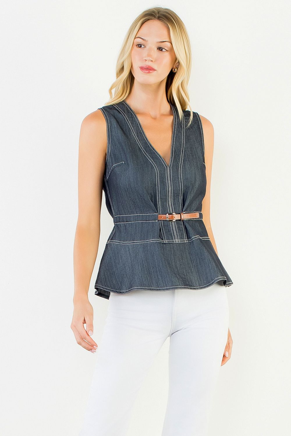 Belted Denim Peplum Top