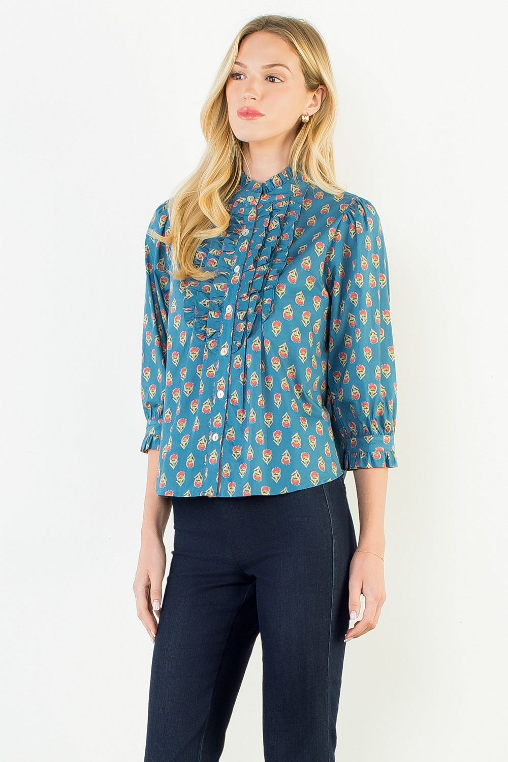 Printed Floral Ruffle-Trim Blouse