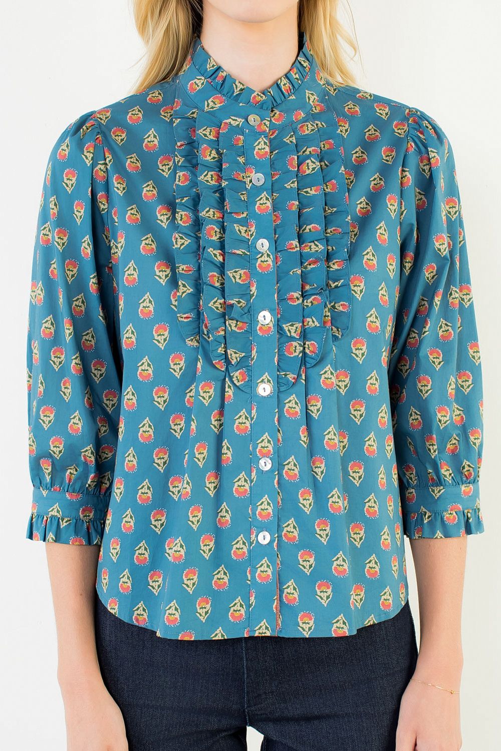 Printed Floral Ruffle-Trim Blouse