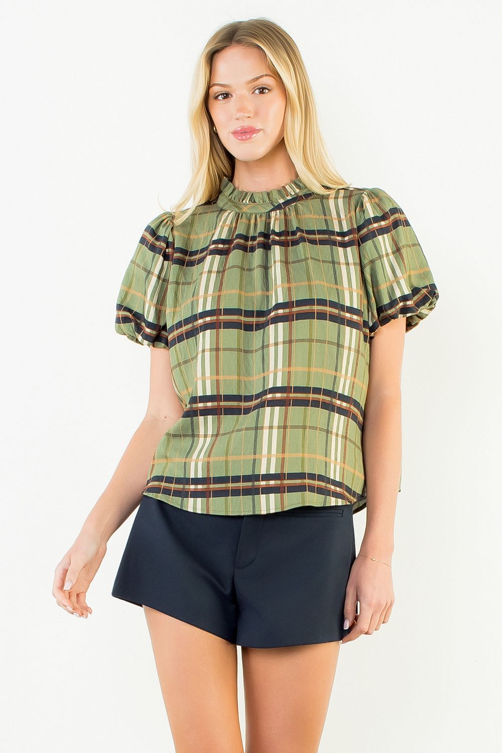 Plaid Ruffle-Neck Blouse