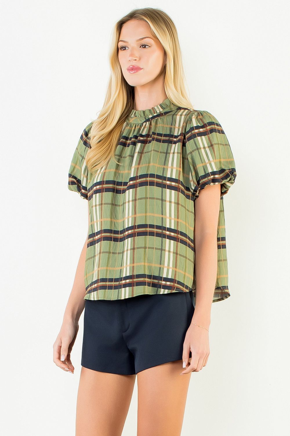Plaid Ruffle-Neck Blouse