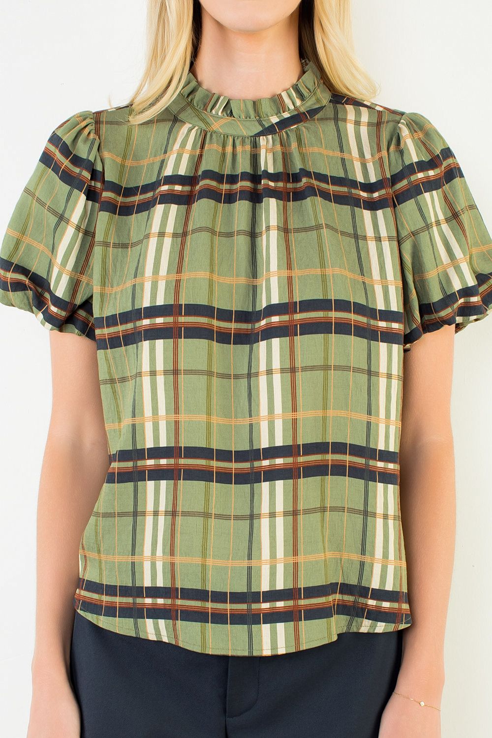 Plaid Ruffle-Neck Blouse