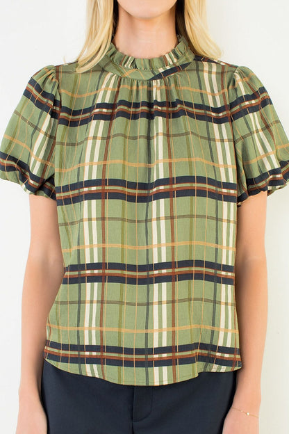 Plaid Ruffle-Neck Blouse