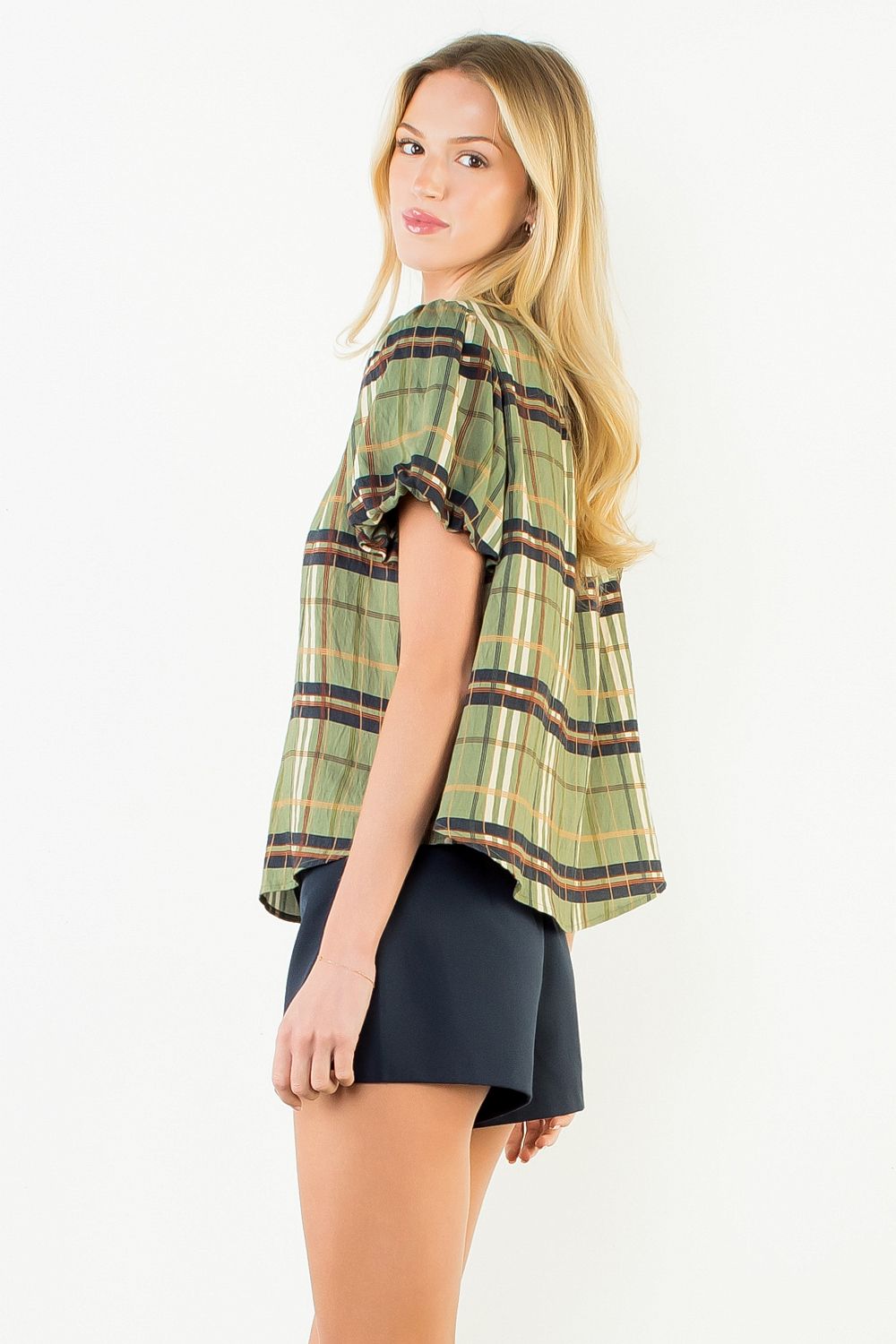 Plaid Ruffle-Neck Blouse