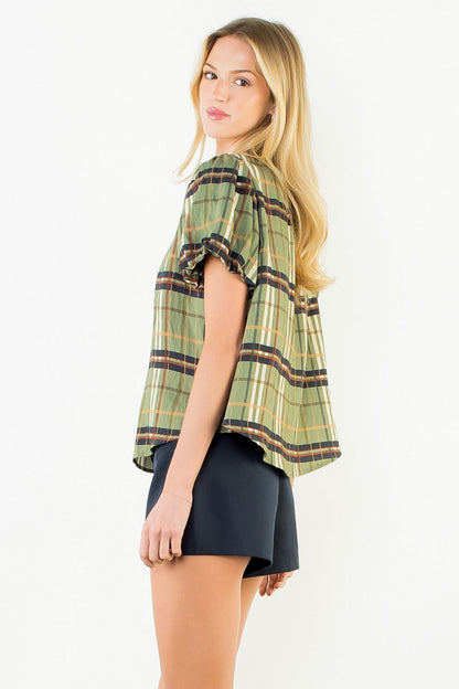 Plaid Ruffle-Neck Blouse