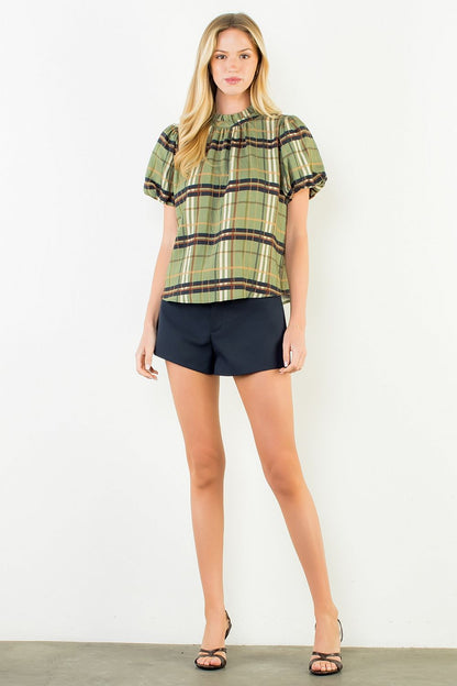 Plaid Ruffle-Neck Blouse
