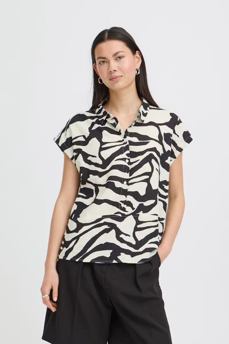 Chic Zebra-Print Linen-Blend Cap Sleeve Blouse