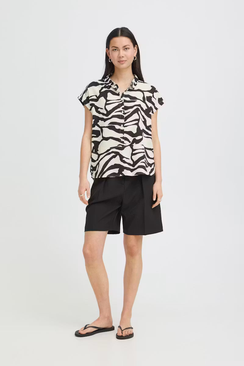 Chic Zebra-Print Linen-Blend Cap Sleeve Blouse