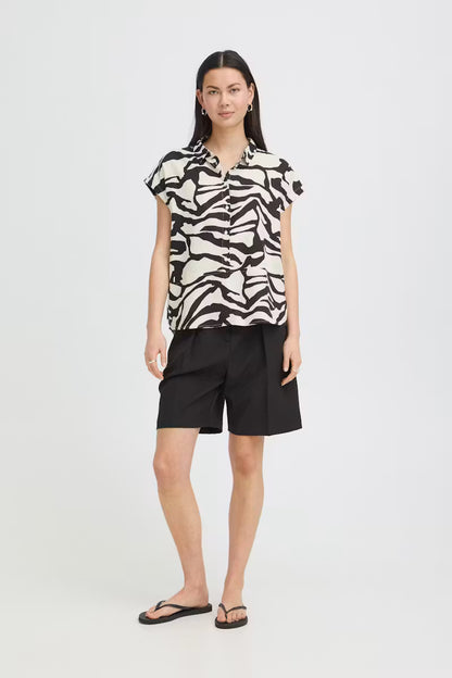 Chic Zebra-Print Linen-Blend Cap Sleeve Blouse