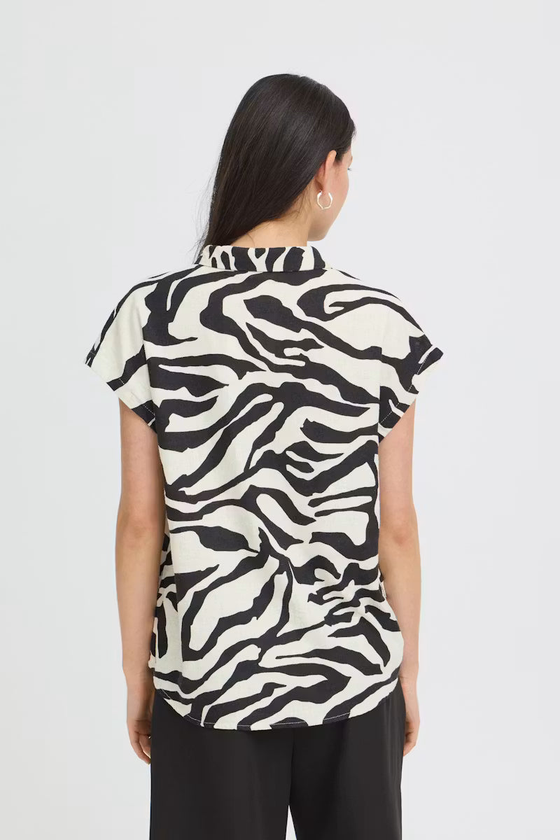 Chic Zebra-Print Linen-Blend Cap Sleeve Blouse