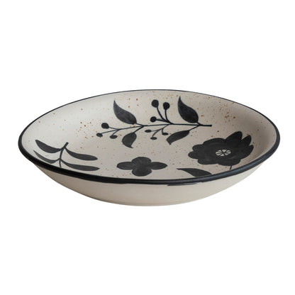 Hand-Painted Stoneware Bowl w/ Floral Design, Matte Black &amp; Cream Color Speckled
