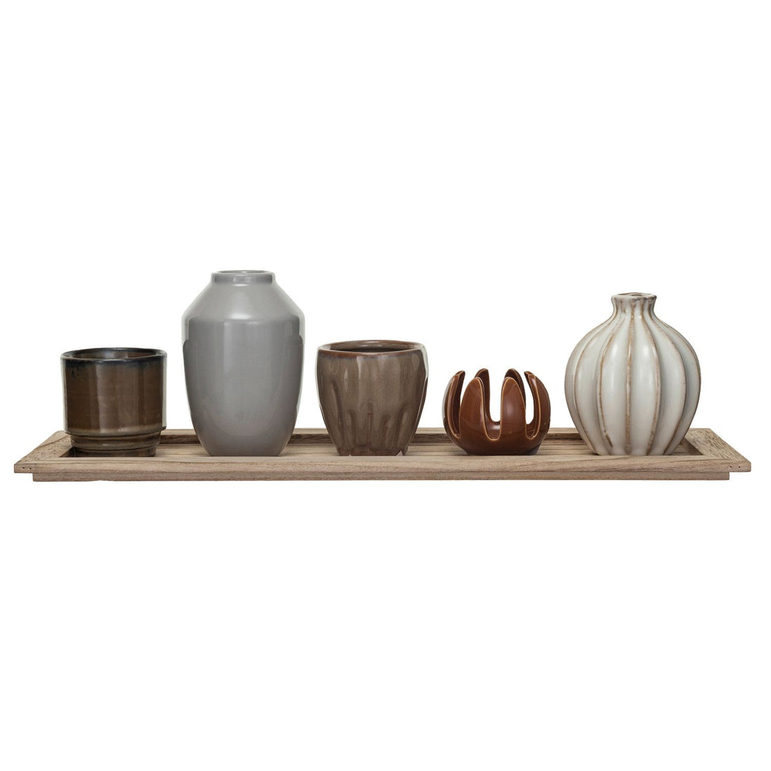 Wood Tray with 5 Stoneware Vases