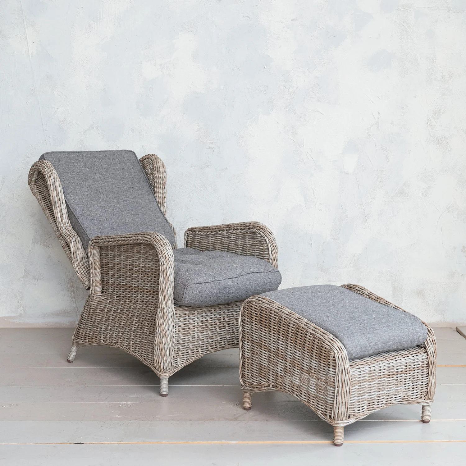 Hand-Woven Wicker Reclining Indoor/Outdoor Chair w/ Ottoman