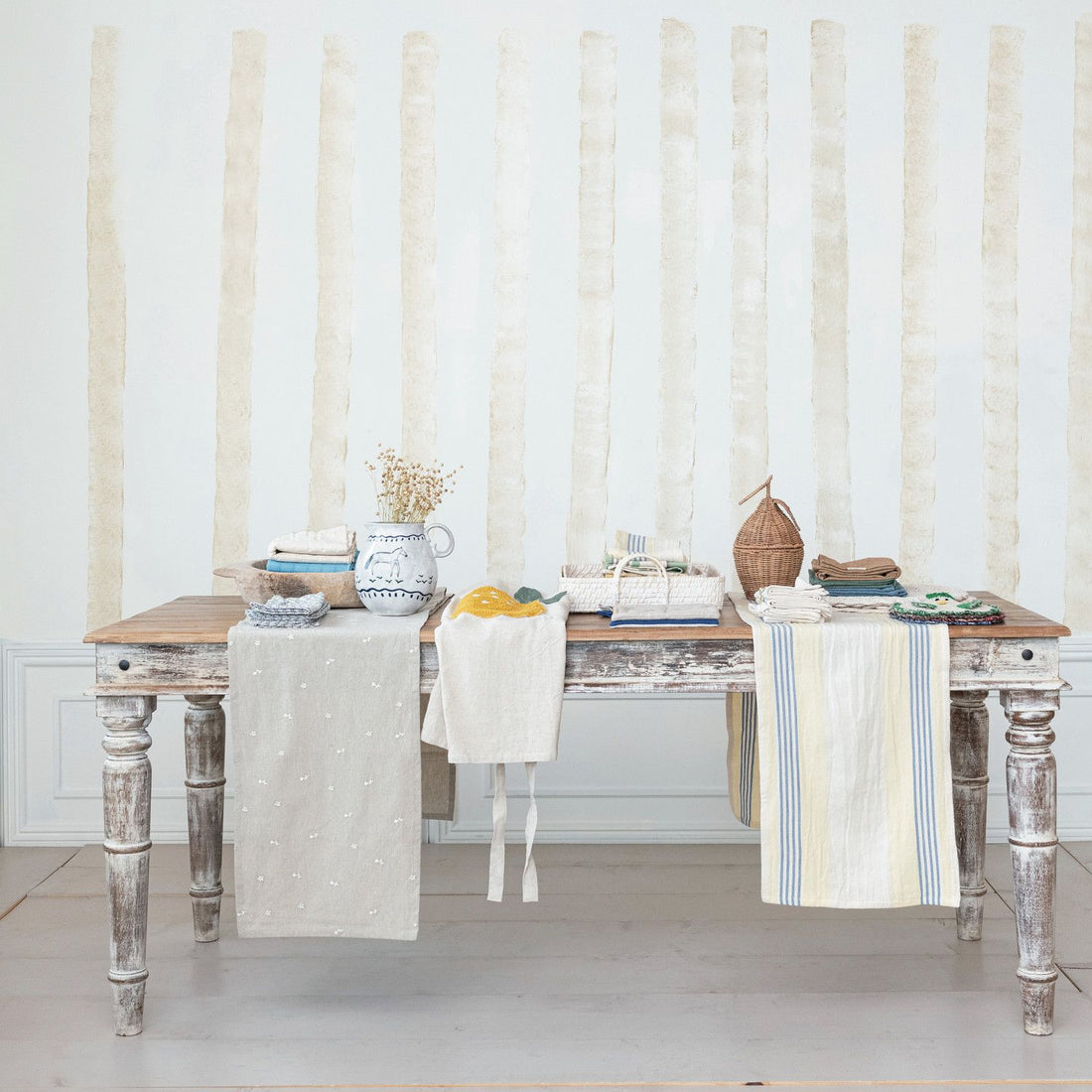 Cotton Table Runner with Embroidered Flowers