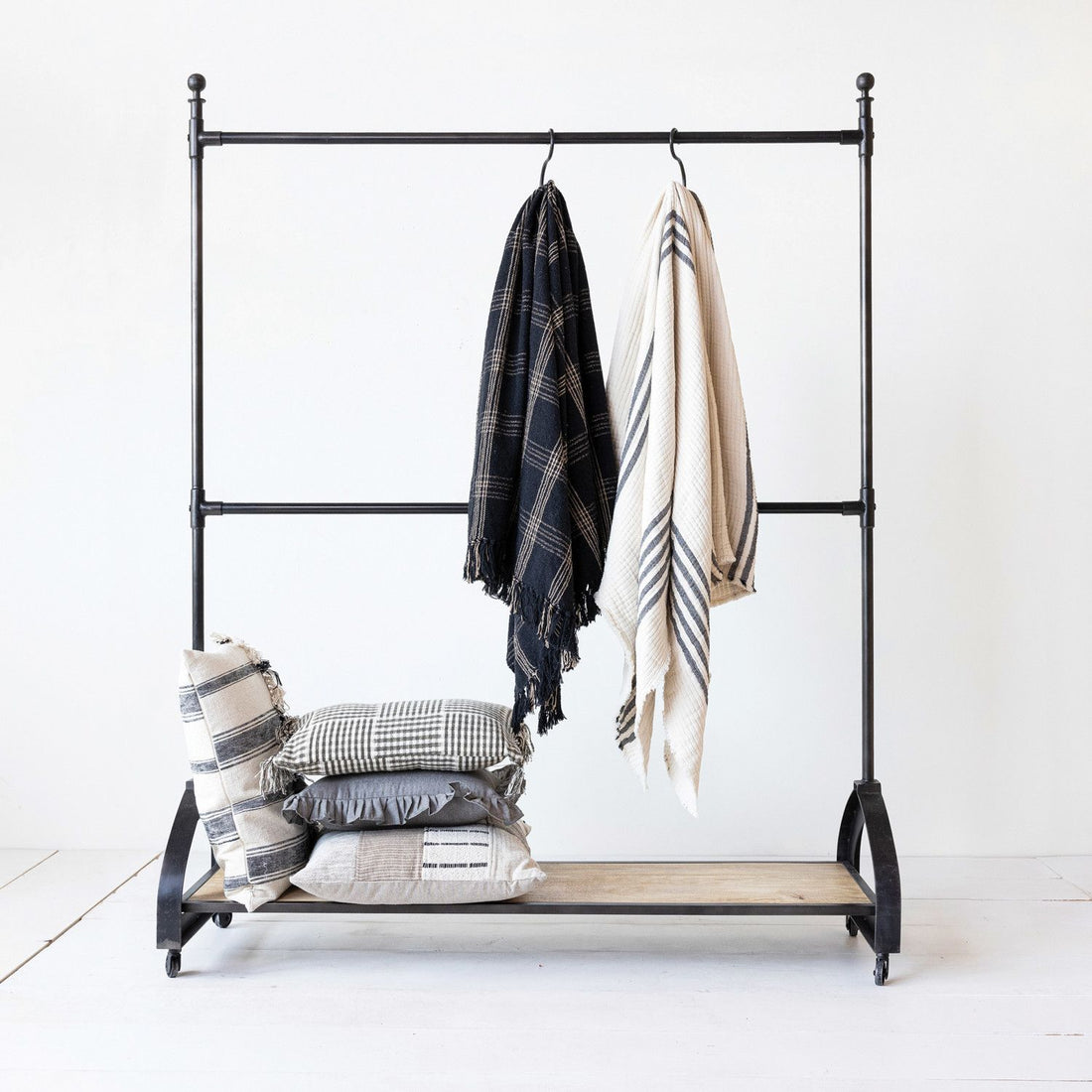 Rack on Casters with 2 Rods and Shelf