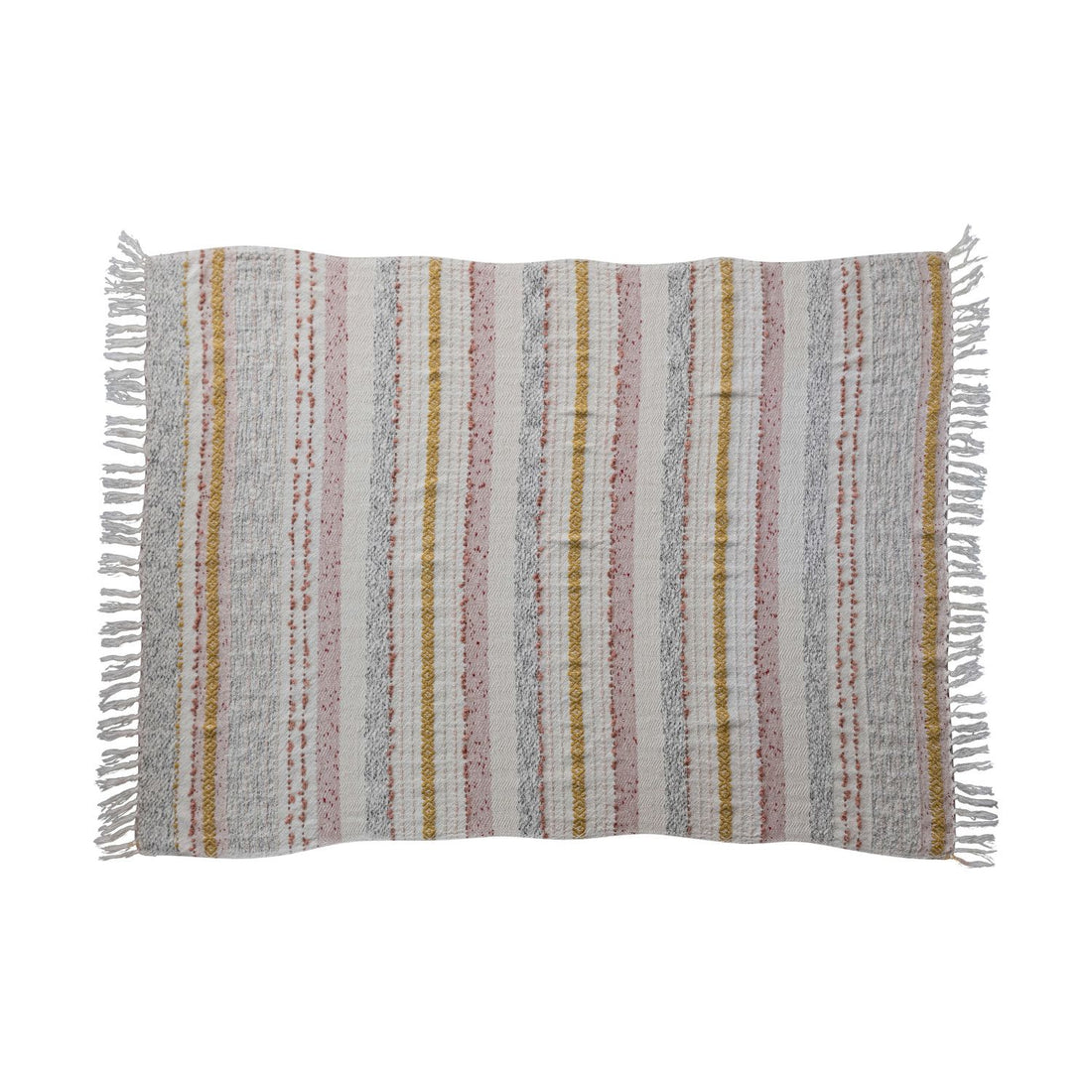 Woven Throw Blanket with Stripes, Embroidery, & Fringe