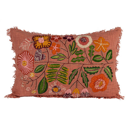 Cotton Lumbar Pillow with Embroidered Flowers &amp; Eyelash Fringe