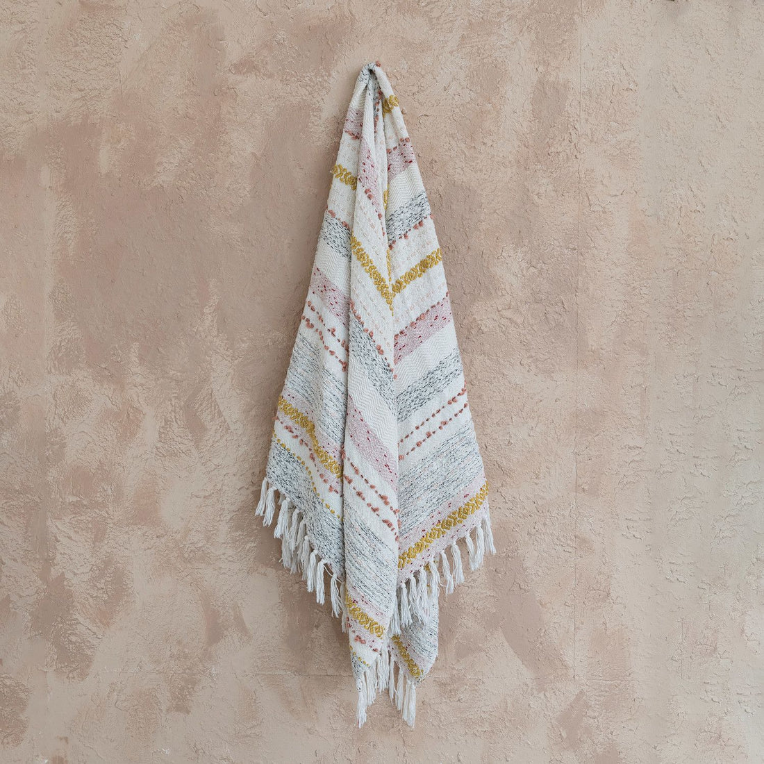 Woven Throw Blanket with Stripes, Embroidery, & Fringe