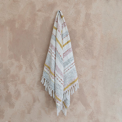 Woven Throw Blanket with Stripes, Embroidery, &amp; Fringe