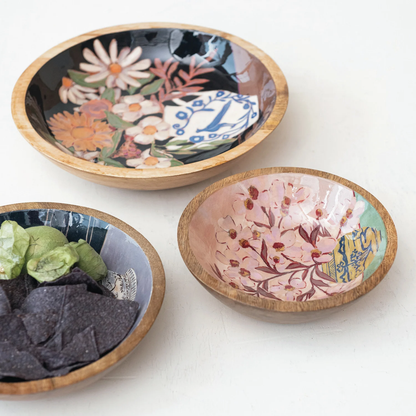 Enameled Mango Wood Bowls w/ Flowers in Vase
