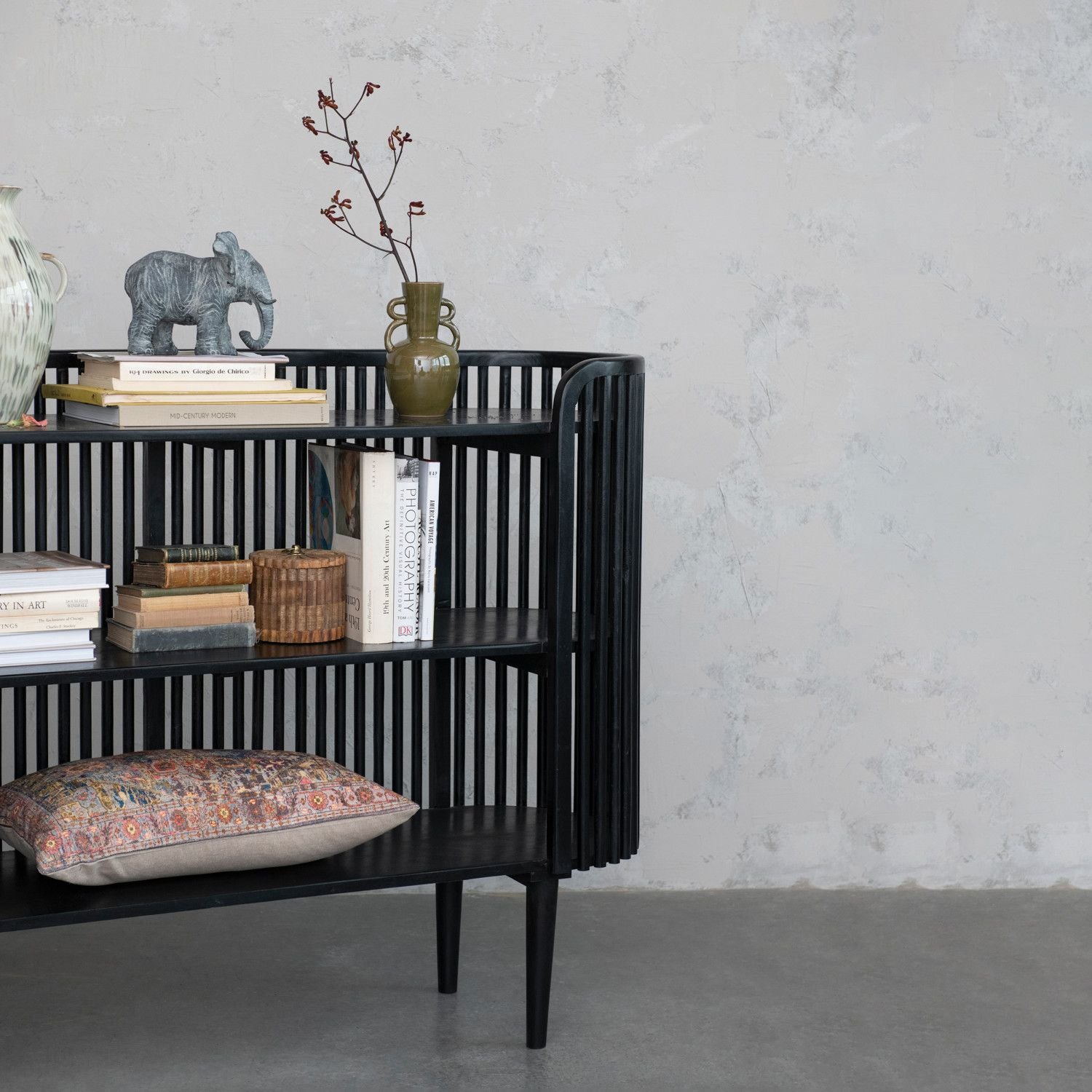 Black Wood Slatted Console Table with 2 Shelves