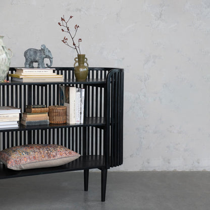 Black Wood Slatted Console Table with 2 Shelves