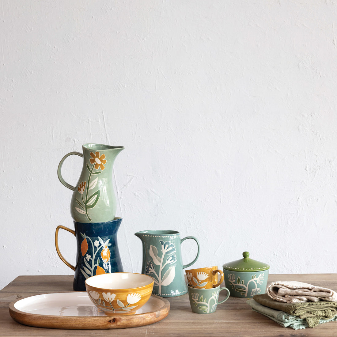 Hand-Painted Stoneware Pitcher w/ Wax Relief Flowers