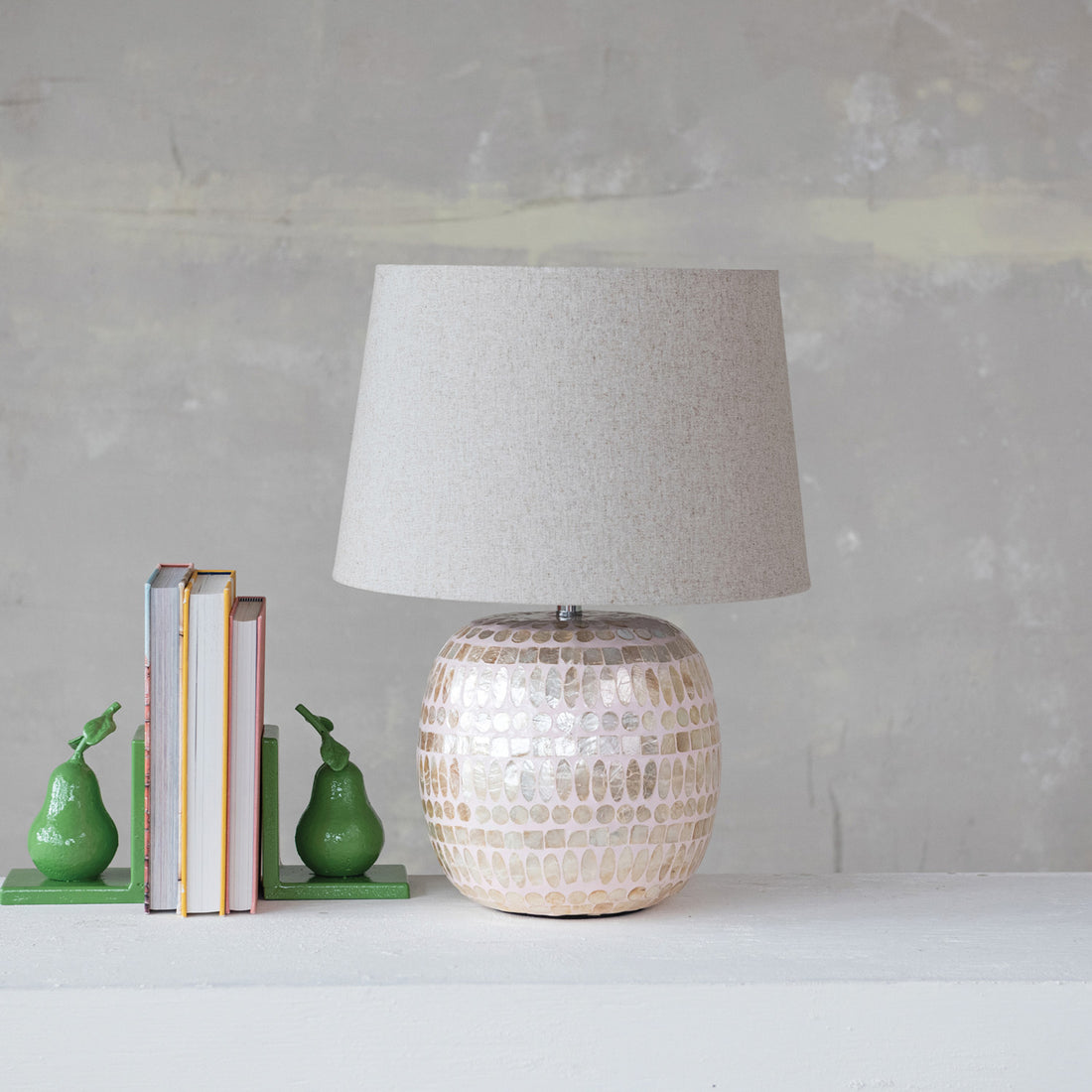 Capiz Table Lamp with Linen Shade &amp; Inline Switch, Pink &amp; Natural