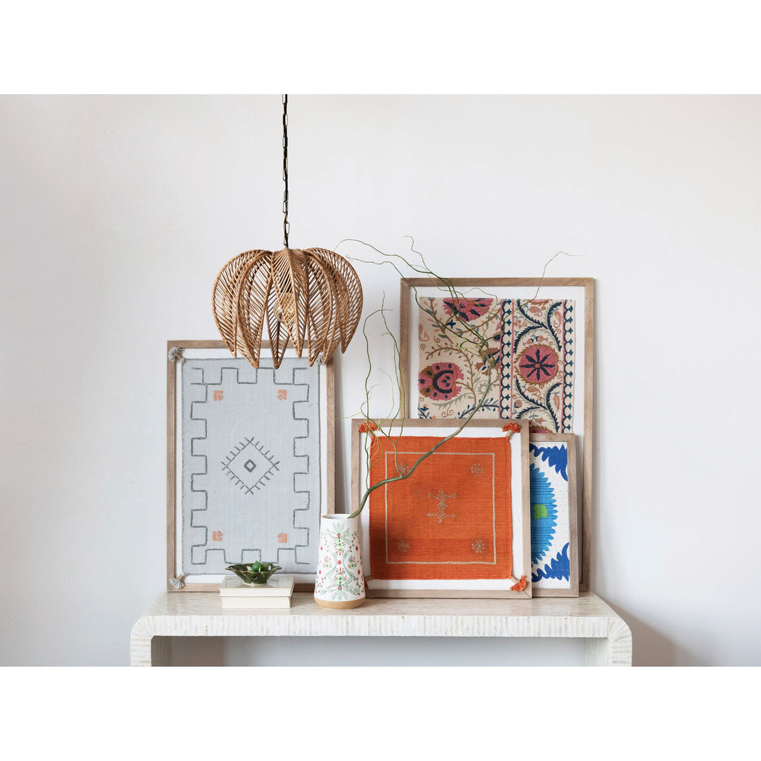 Framed Cotton and Jute Textile with Exbroidery and Tassels